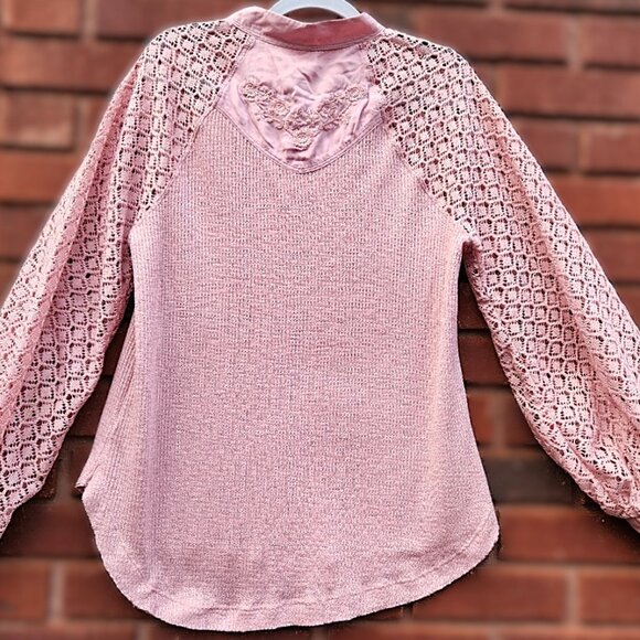 Free People Sweetest Thing Thermal Pink Blush Top Embroidery & Crochet Sz Medium - Picture 10 of 11